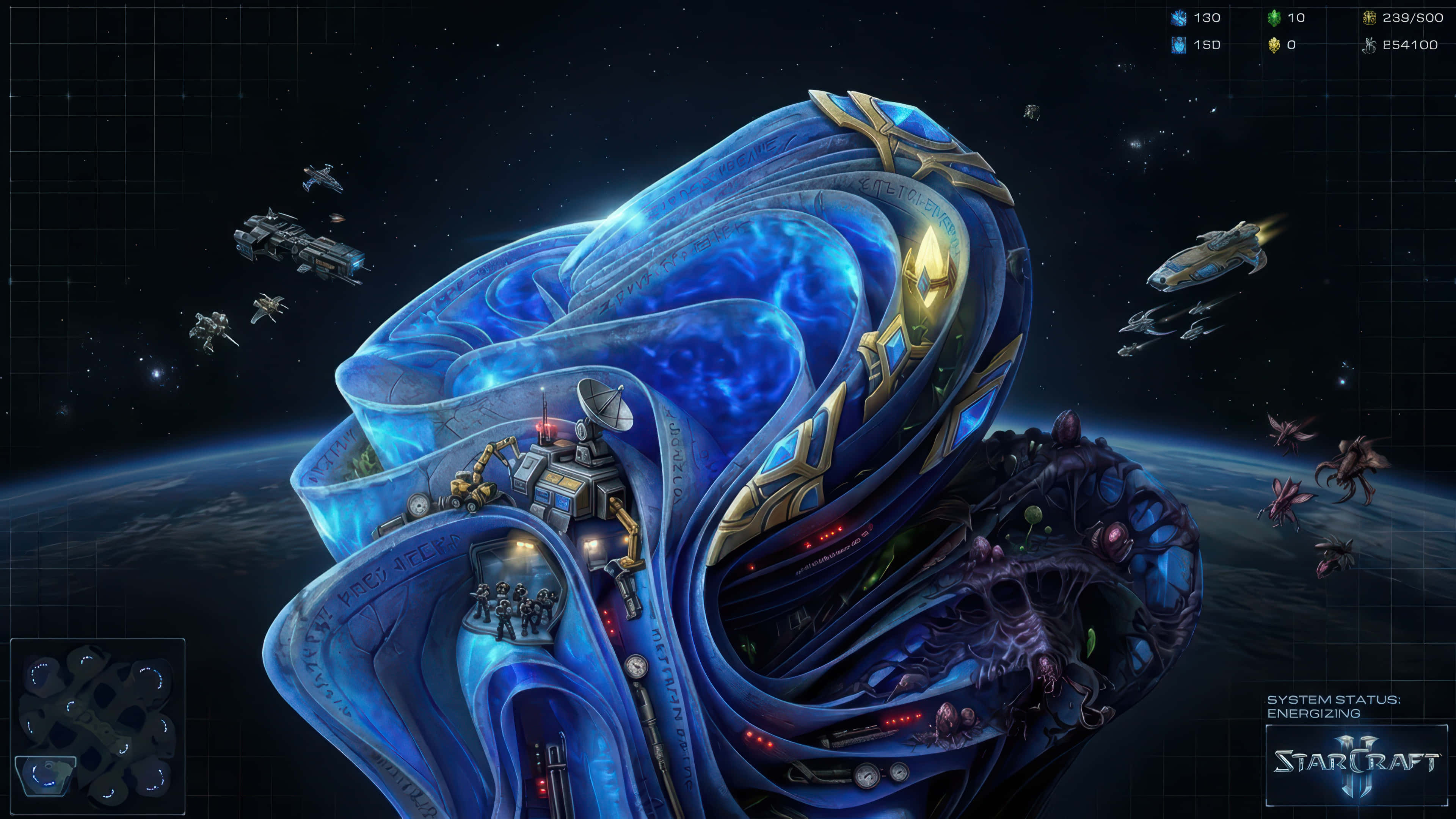 星海爭霸 2 光暈模組化桌面壁紙增強版 壁紙 — 一個巨大的藍色和金色外星結構在太空中螺旋，船隻和生物在下方行星周圍運行。