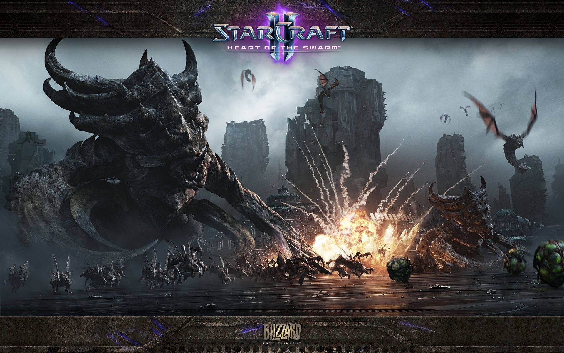 Zerg軍隊用爆炸和飛行生物攻擊廢墟城市。