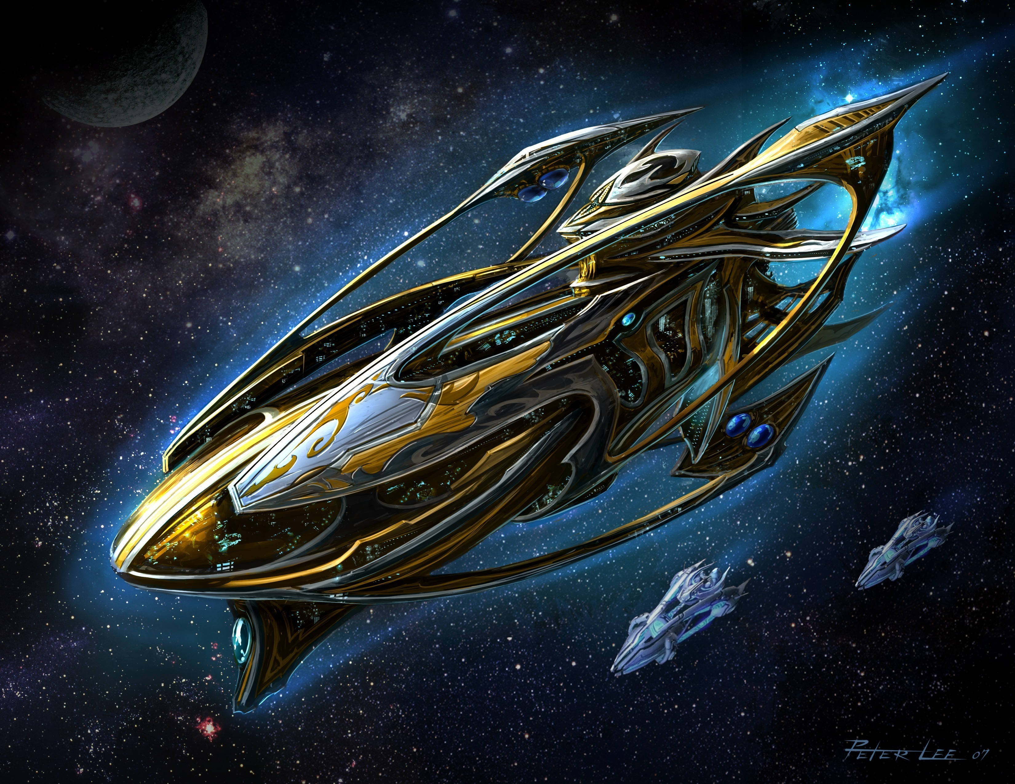 星海爭霸2 神族母艦「鳳凰戰鬥機」 壁紙 — 一艘流線型的金色和黑色未來太空船在繁星點點的宇宙中滑行，後面跟著較小的飛船。