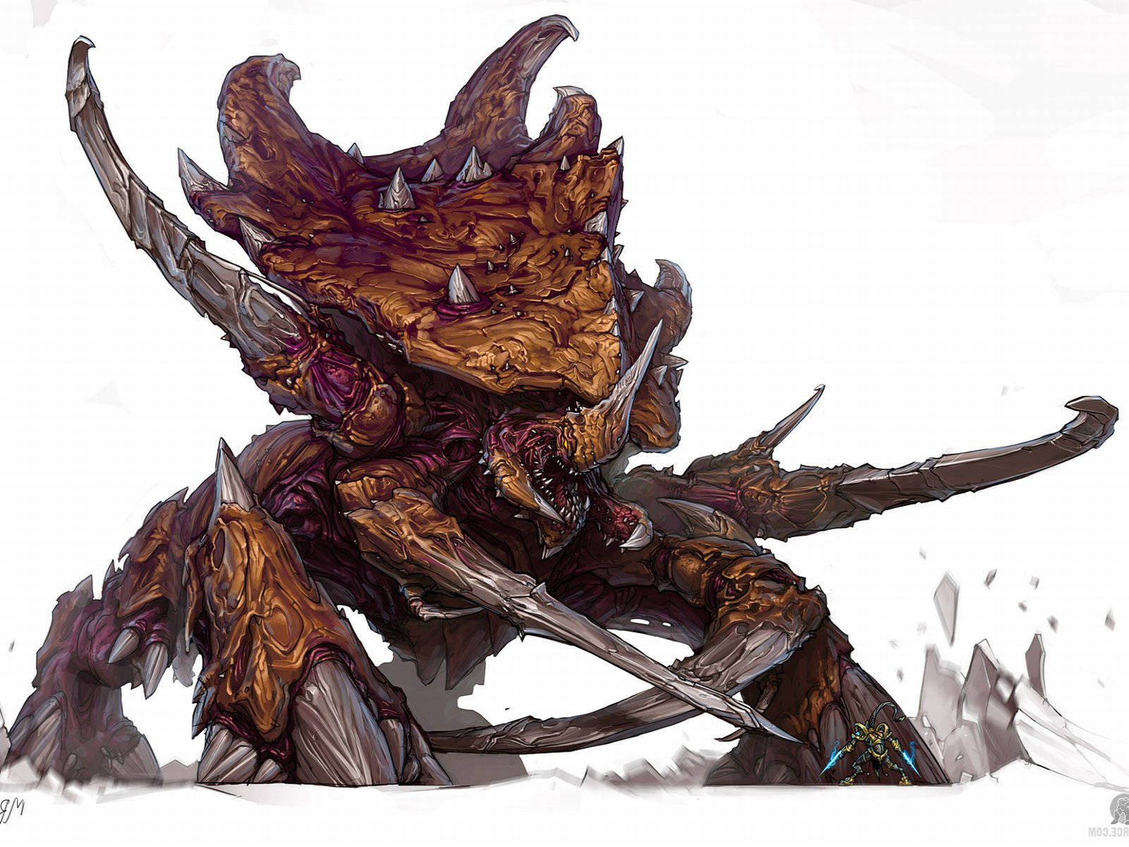 星海爭霸2 蠍尾獸 壁紙 — 一隻身穿盔甲、長有尖刺角和鋸齒狀四肢的可怕怪物，在純白背景下向前猛撲。