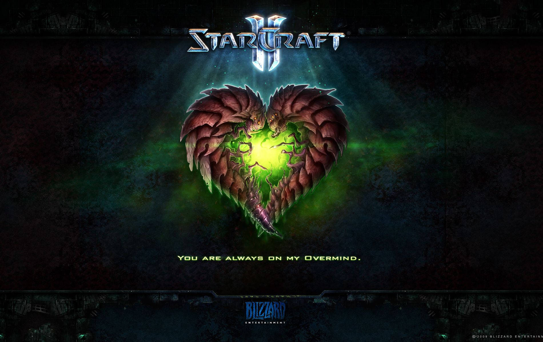 StarCraft II標誌，帶有發光心臟和文字You are always on my Overmind。