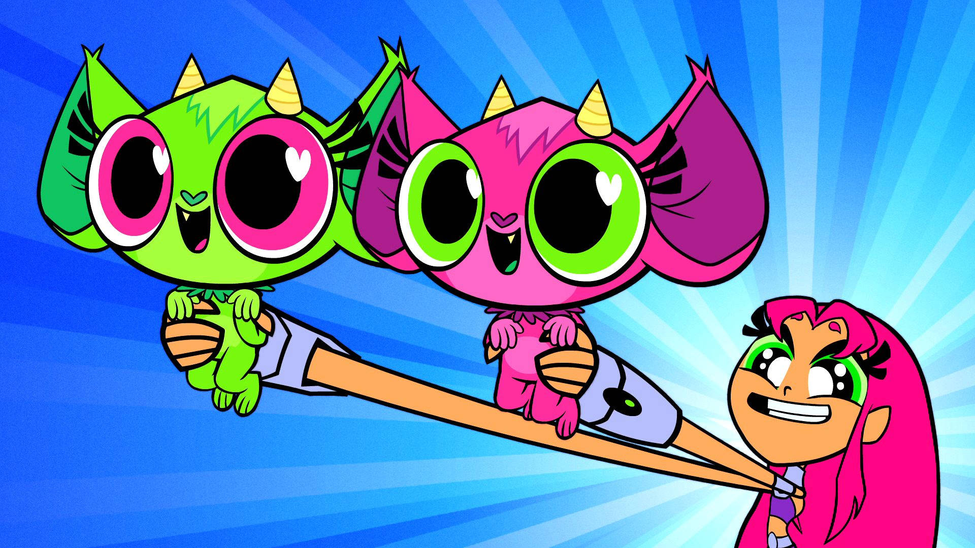 粉紅色頭髮的女孩握著鉛筆，兩隻有角的貓狀生物騎在上面，背景是藍色光線。
