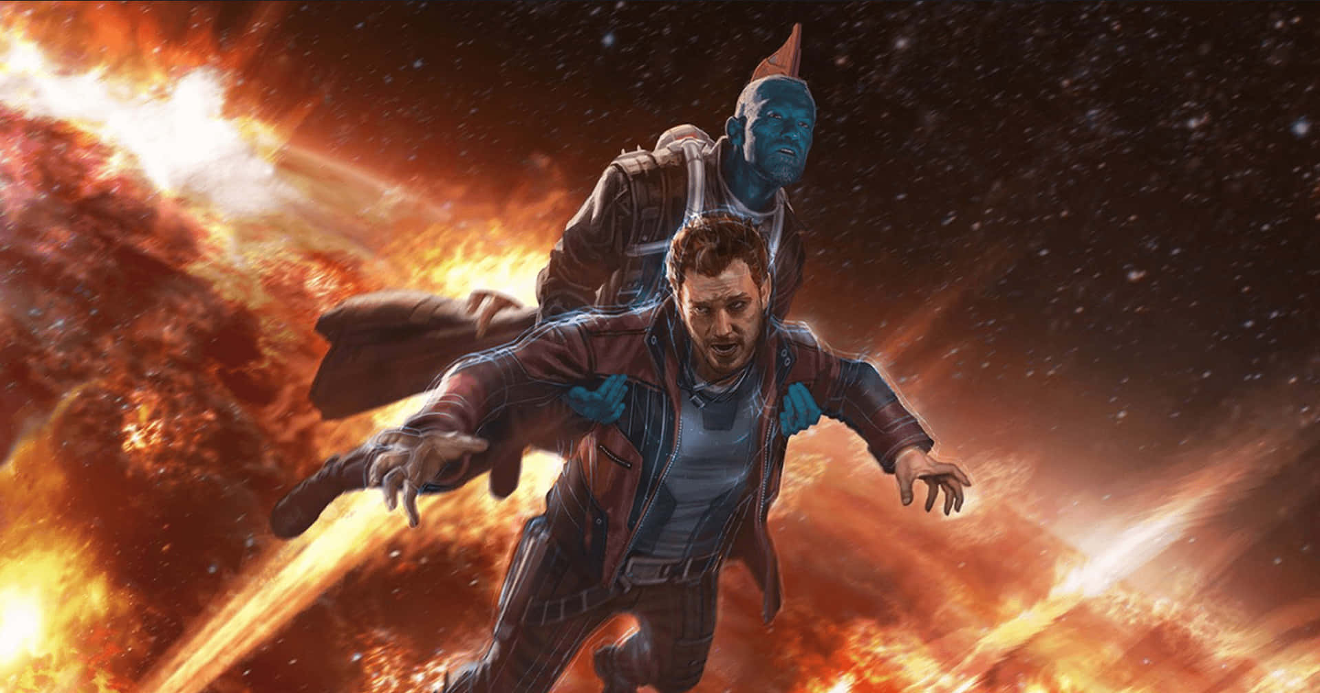 Yondu 桌布 壁紙 — 星爵和嘉魔娜在星際背景下穿過熾熱的宇宙爆炸翱翔。