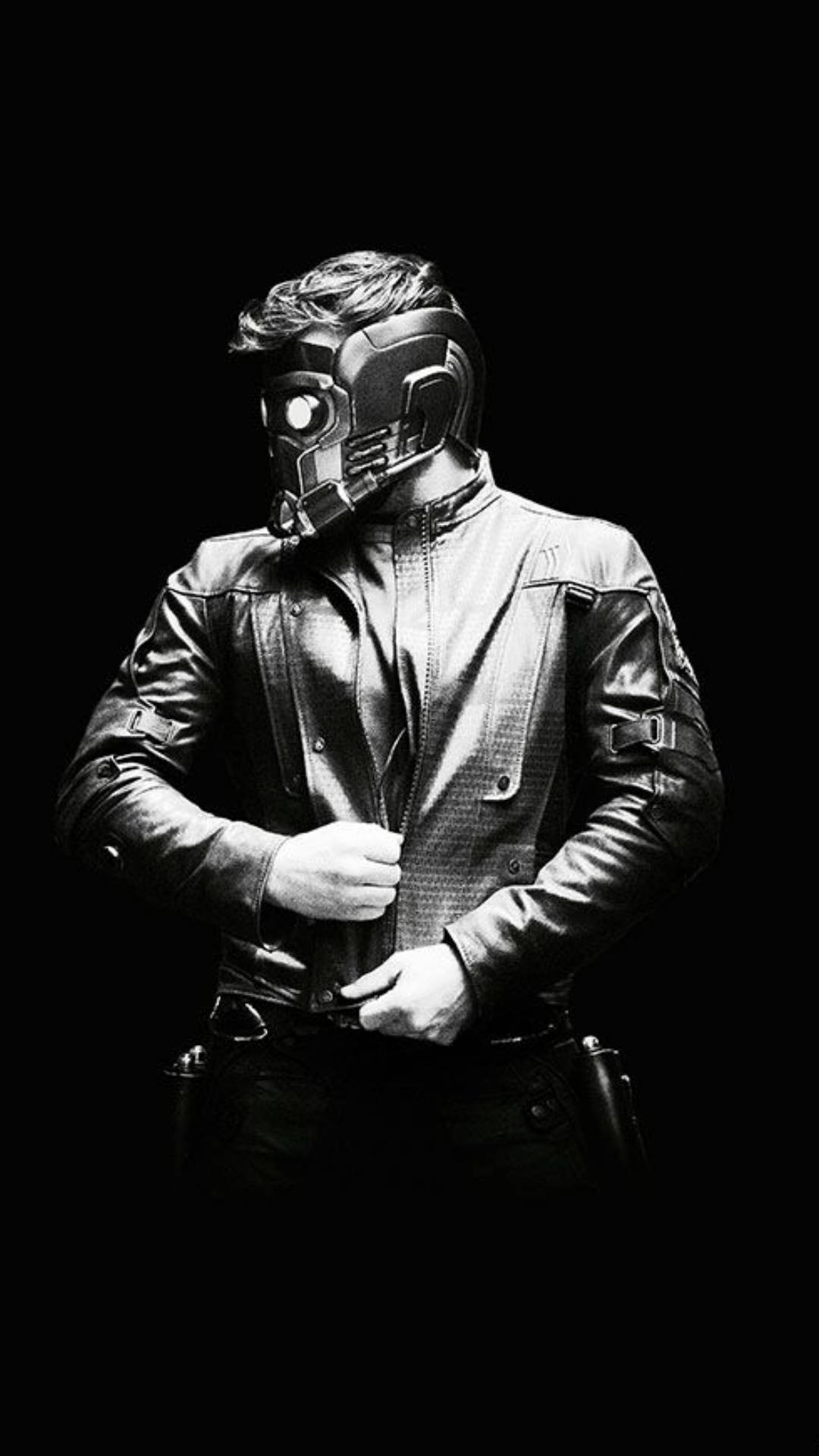 Star-Lord 戴著頭盔和皮褸，背景深色