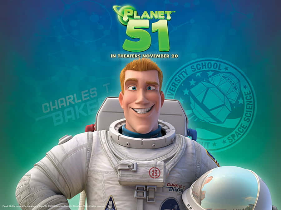 《星球51》動畫電影海報 壁紙 — 一個穿著白色太空衣的開心動畫太空人，自信地微笑，手持頭盔，背景是青綠色漸變色和電影標題圖案。