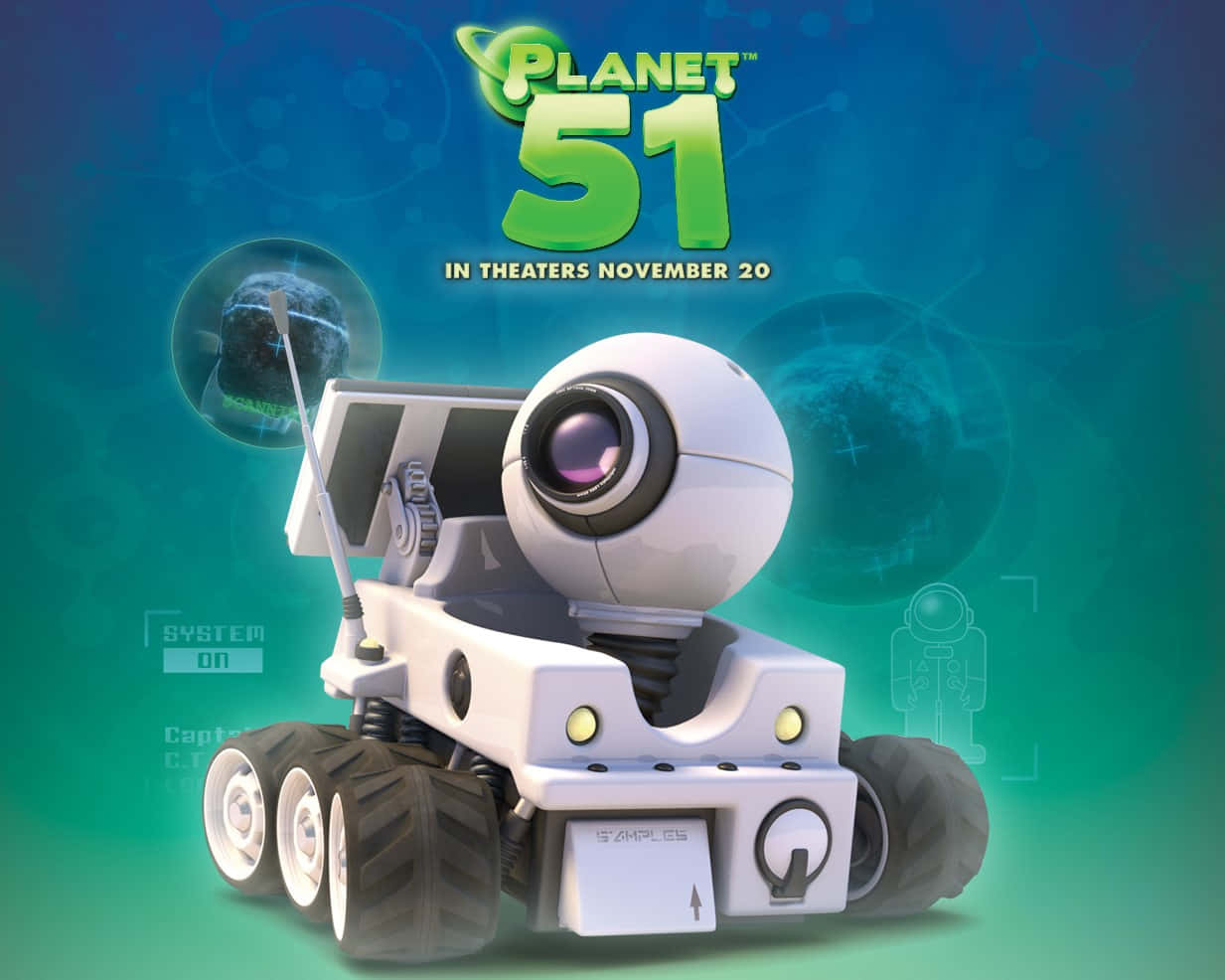《星球51》機器人車輛羅弗 壁紙 — 一個白色機械探測車，帶有大眼睛，在發光的青綠色太空背景下掃描外星行星。