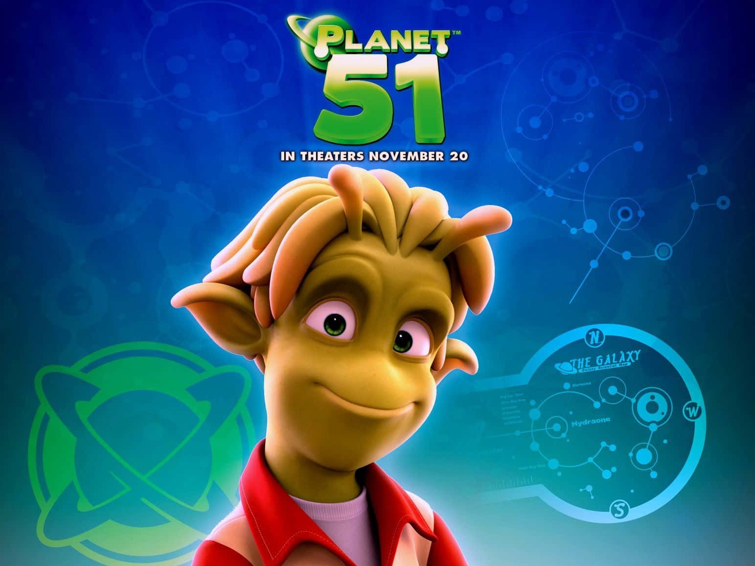 《星球51》萊姆海報 壁紙 — 一個開心嘅動畫外星人，有尖刺頭髮同綠色眼睛，喺藍色宇宙背景前微笑，背景有銀河地圖同『Planet 51』文字。
