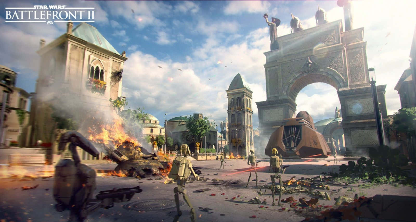 Naboo 桌布 壁紙 — 《星球大戰：前線II》中的戰場場景，機器人在明亮的天空下於燃燒的碎片和毀壞的古典建築中戰鬥。