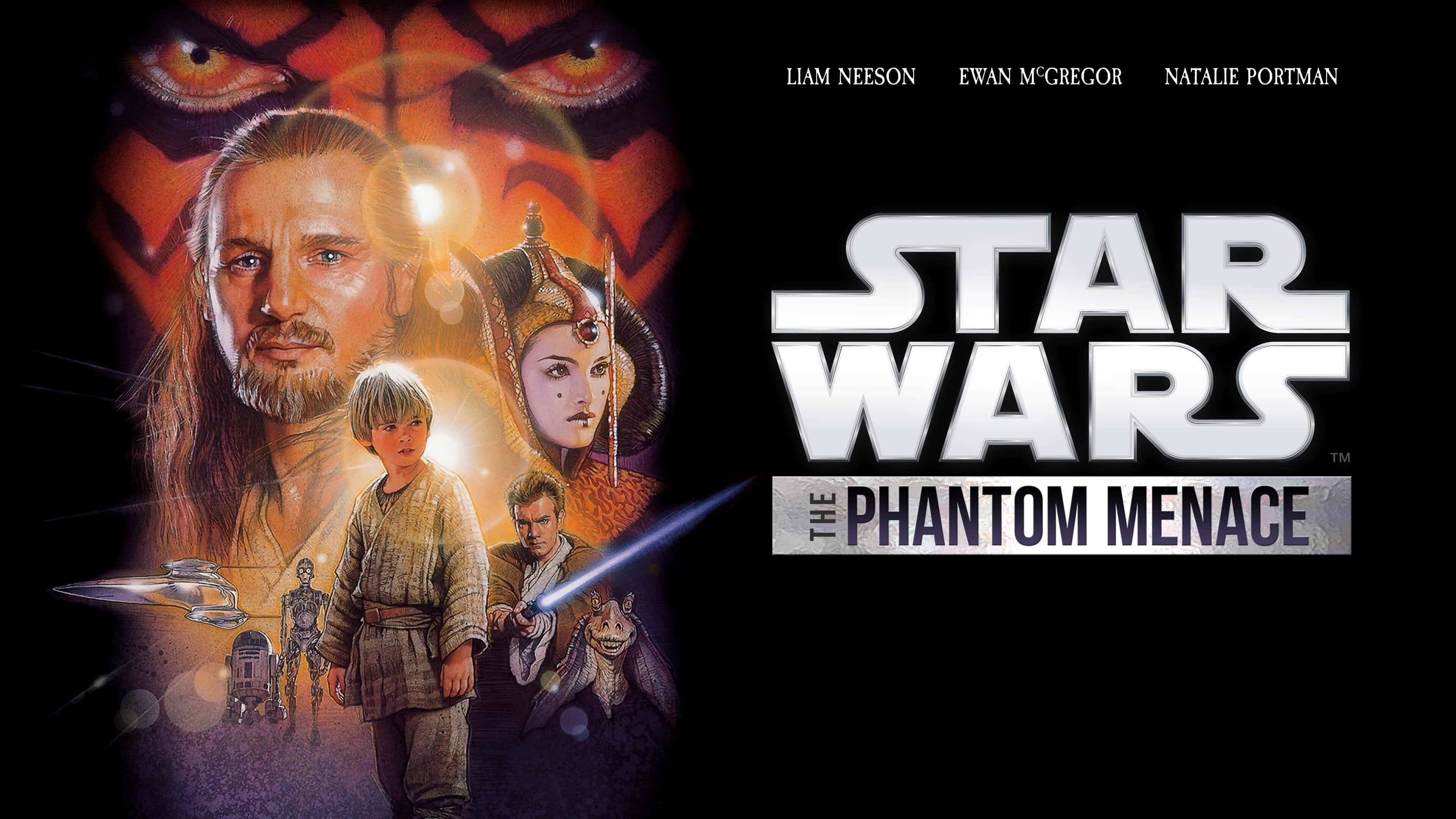 The Phantom Menace 桌布 壁紙 — 《星球大戰：幽靈的威脅》電影海報，主要角色在熾熱背景中，眼睛發光。