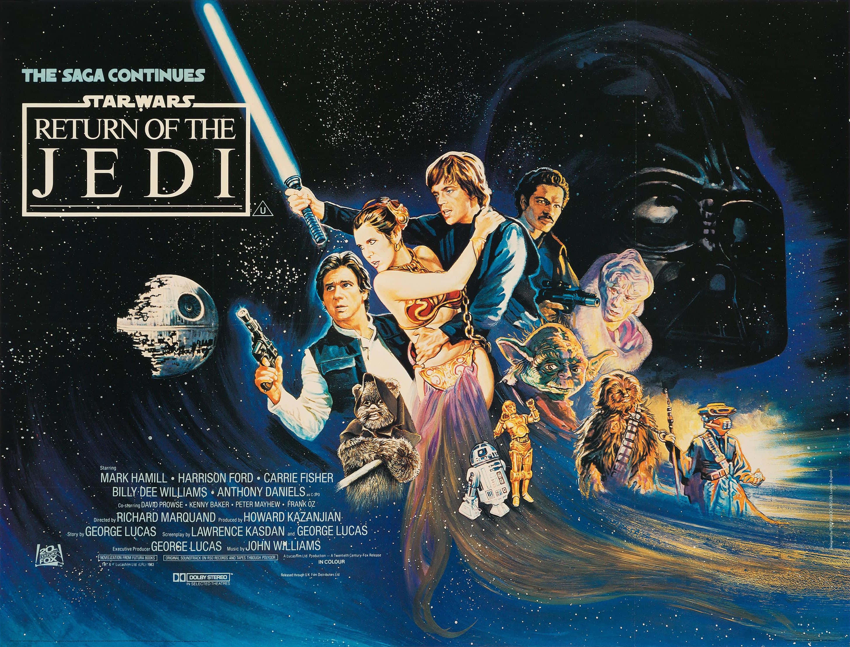 Return Of The Jedi 桌布 壁紙 — 《星球大戰：武士復仇》海報，展示Luke在太空中揮舞藍色光劍對抗Darth Vader的巨大頭盔。