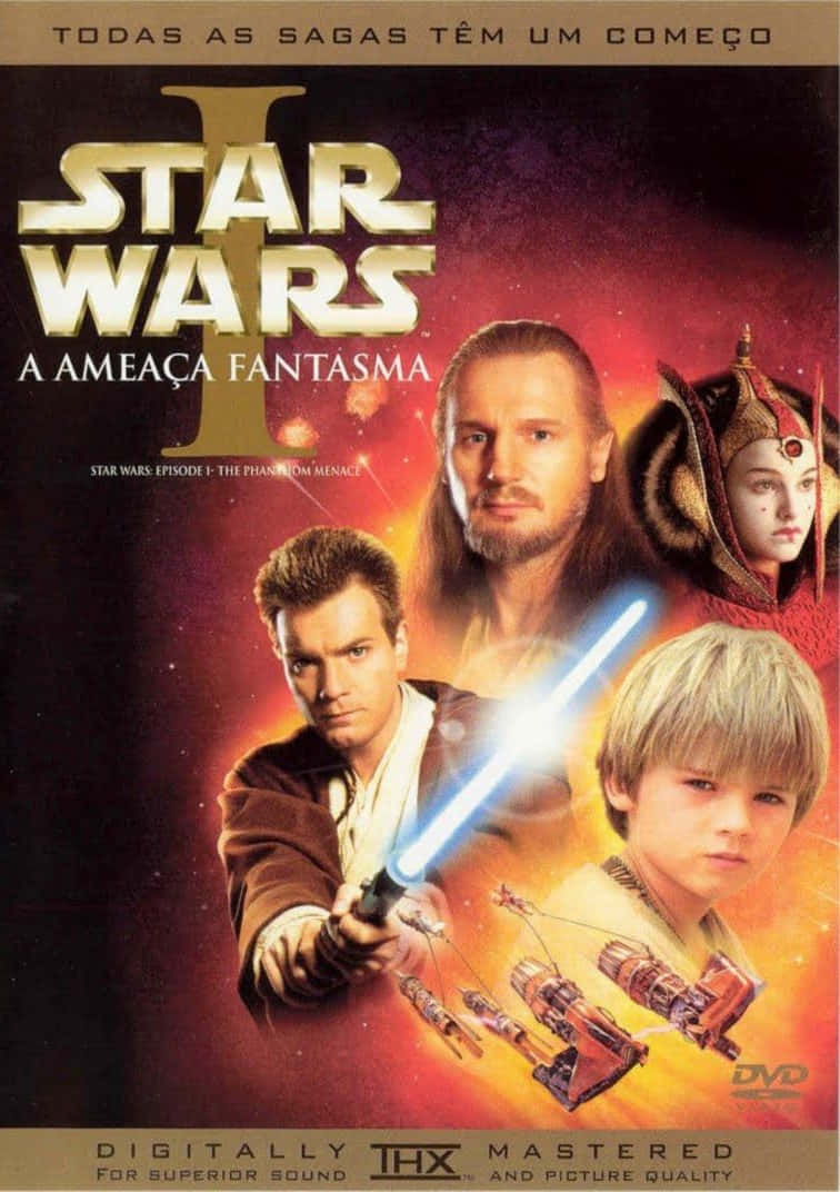 The Phantom Menace 桌布 壁紙 — 《星球大戰：第一集》海報，展示一名絕地武士手持藍色光劍，背景是熾熱的宇宙，並有角色和星艦。