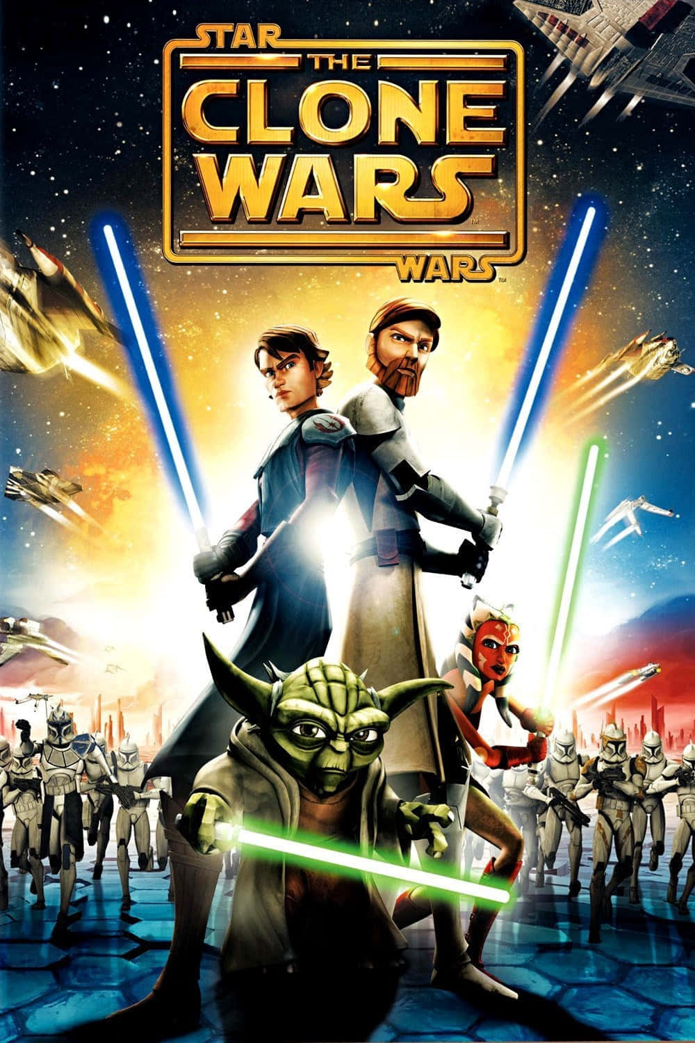 The Clone Army 桌布 壁紙 — 《星球大戰：複製人之戰》海報，尤達、阿納金和歐比王揮舞光劍，背景是星艦和複製人士兵。
