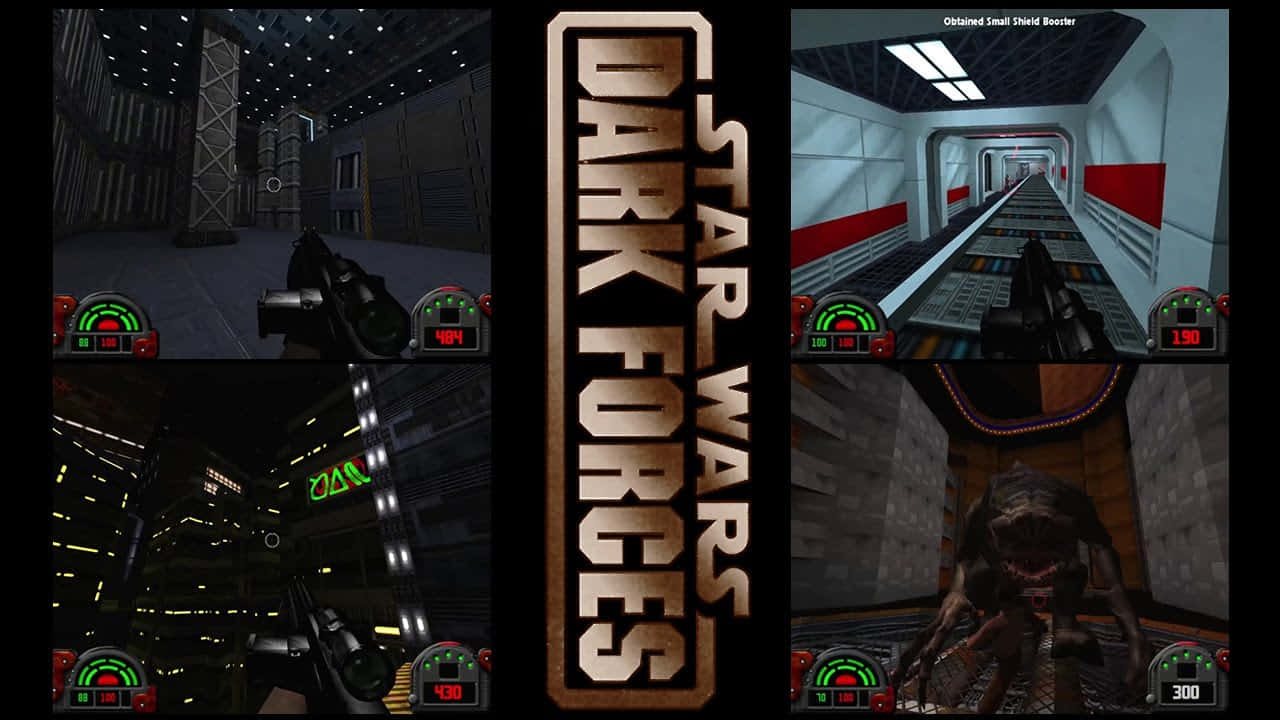 Dark Forces 桌布 壁紙 — 《星球大戰：黑暗力量》的第一人稱射擊遊戲畫面，展示科幻走廊和一個怪誕的外星生物。