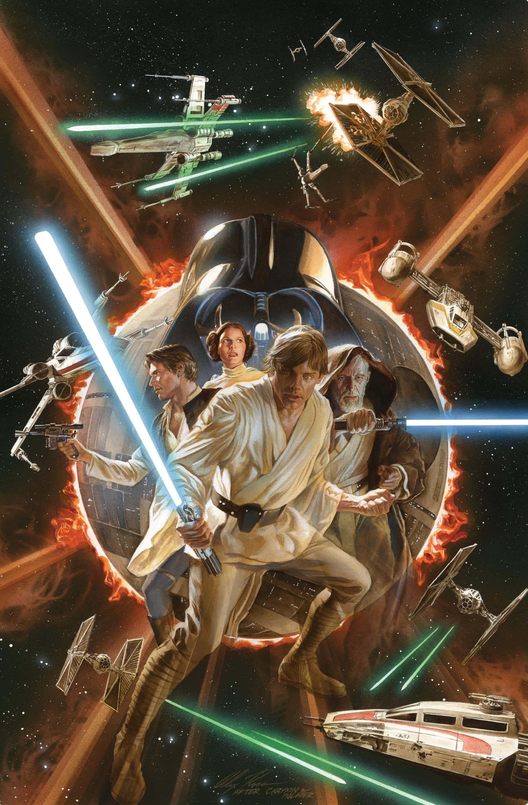A New Hope 桌布 壁紙 — 星球大戰反抗軍與黑武士在熾熱的太空戰中交鋒，雷射光束和星際戰鬥機四射。