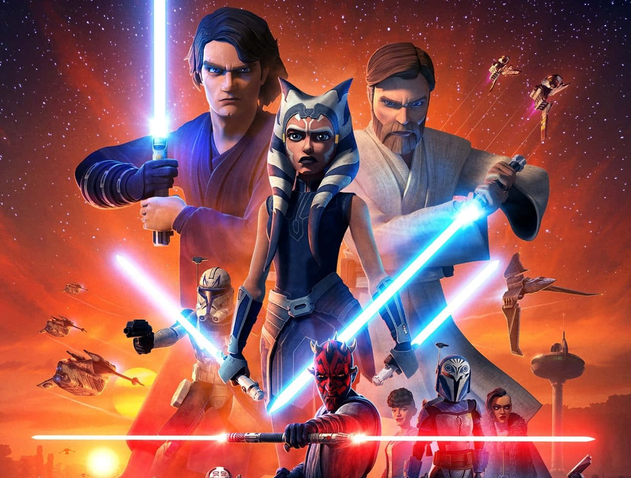 The Clone Army 桌布 壁紙 — 星球大戰角色在熾熱星空和飛行的星際戰機背景下，用發光光劍交戰。