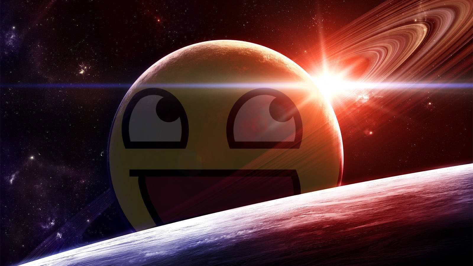 星球表情 Emoji 壁紙 — 一個卡通表情符號，睜大眼睛咧嘴笑，漂浮在太空，附近有發光行星和帶環世界。