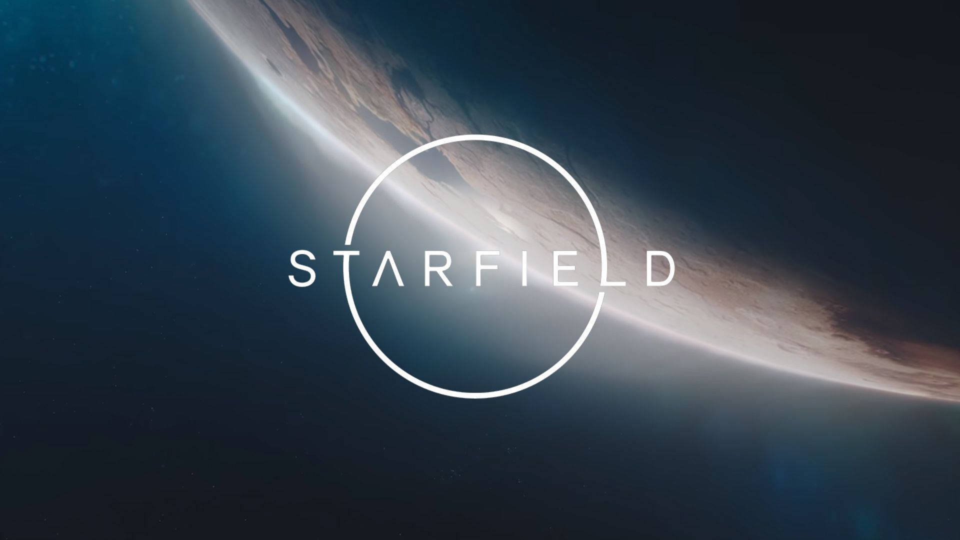 星界太空場景 壁紙 — 一個行星彎曲的地平線在星光點綴的虛空中散發著大氣光芒的宇宙景象，白色圓圈中央有STARFIELD字樣。