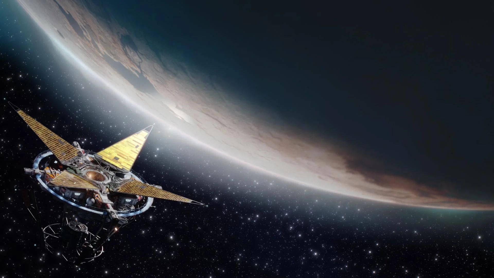 星界太空衛星 壁紙 — 一艘細節豐富的太空船，帶有金色太陽能板，在佈滿星辰的宇宙背景下環繞一顆巨大行星運行。