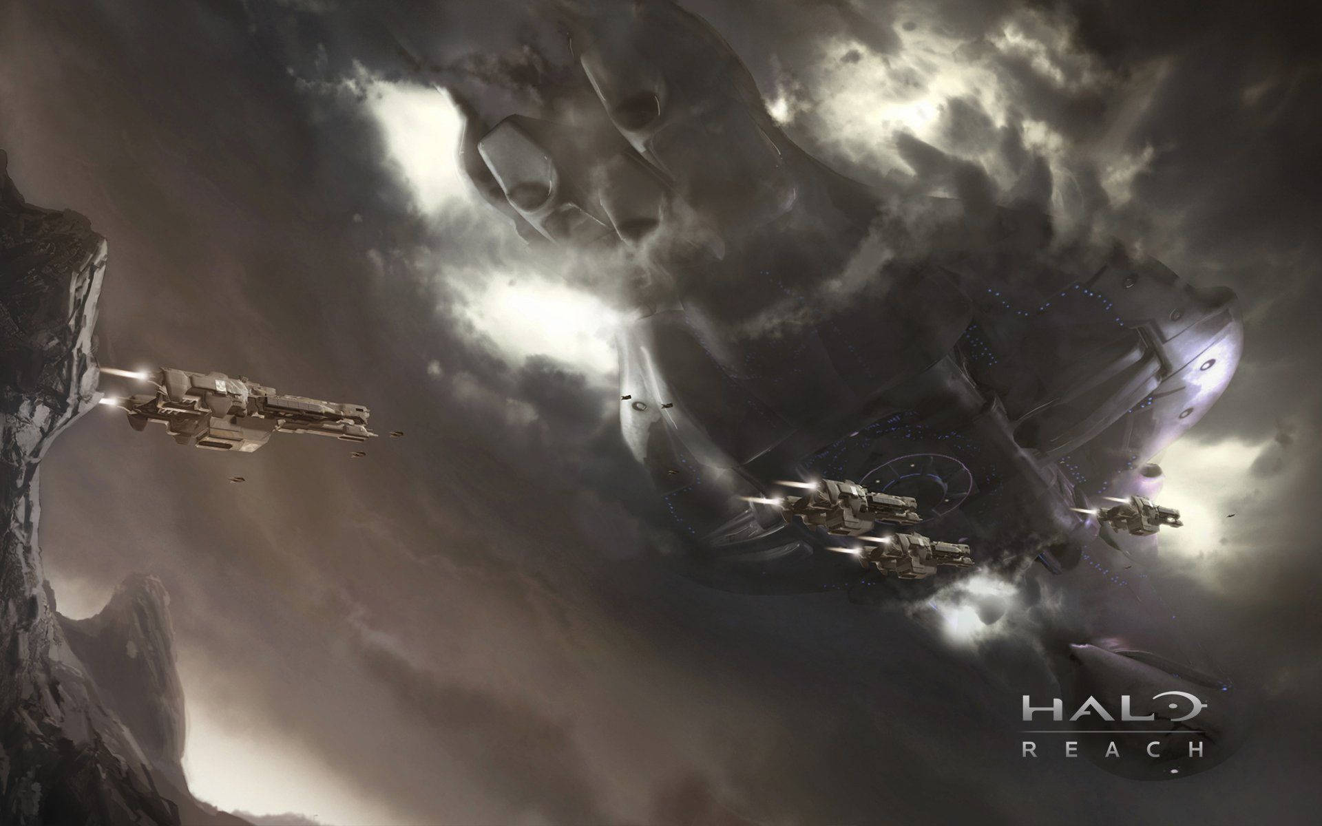 戰艦在暴風雨的天空下，靠近巨大外星結構發射武器。