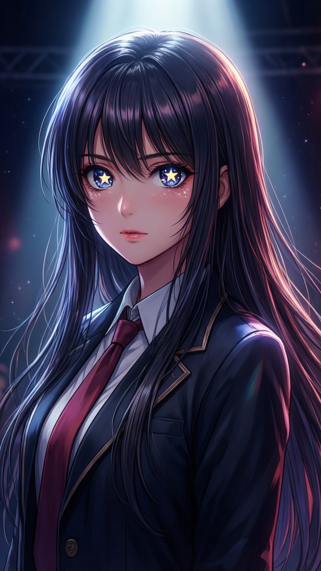 星眸偶像愛 壁紙 — 一個發光的動漫女孩，長長的黑髮和星星般的眼睛，在戲劇性的舞台燈光下穿著校服。