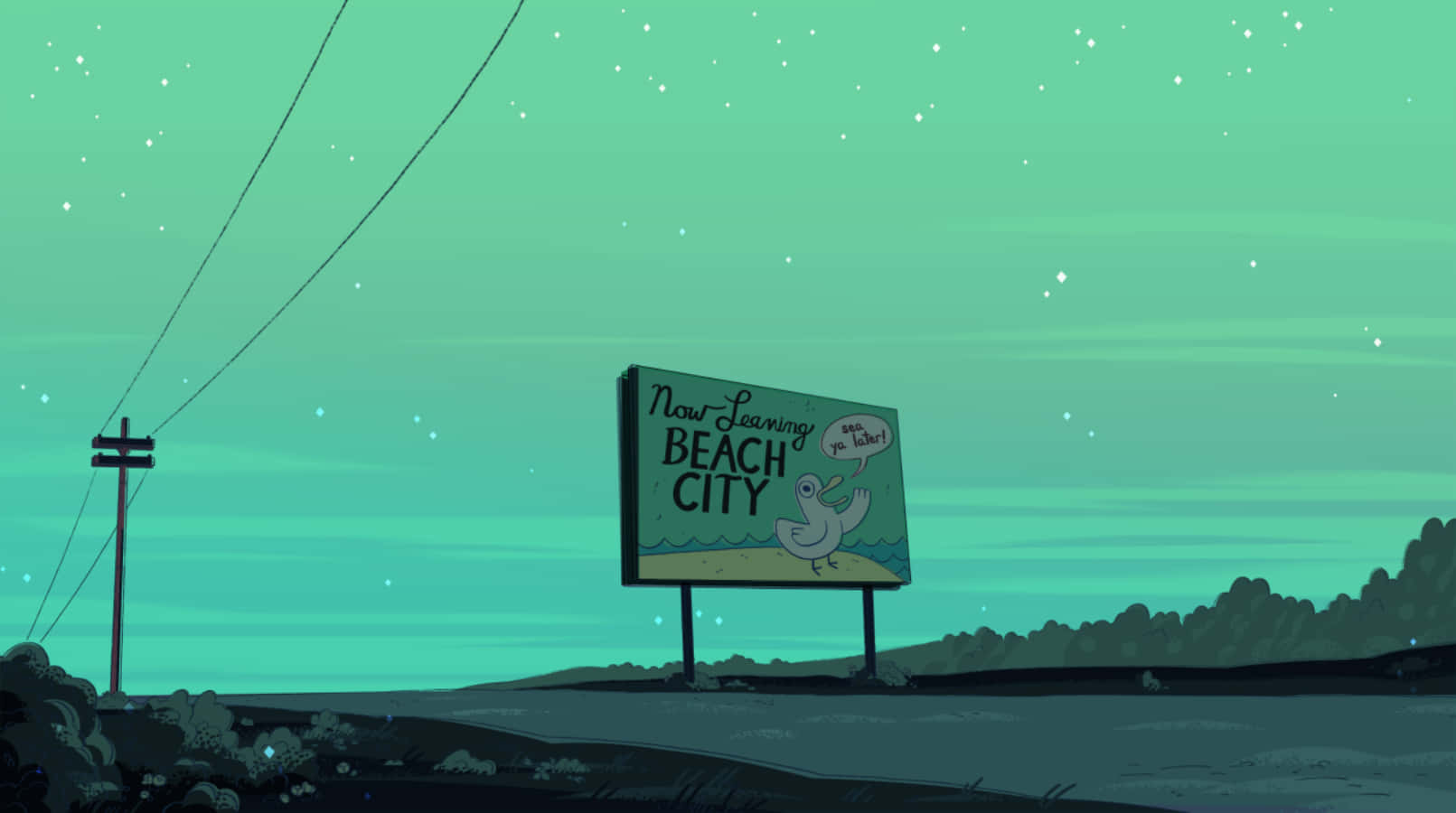 星空_pastel綠色美學桌面 壁紙 — 一個卡通廣告牌，上面寫著「Now Leaving BEACH CITY」，一隻鴨子在星空下的青綠色天空中揮手告別。
