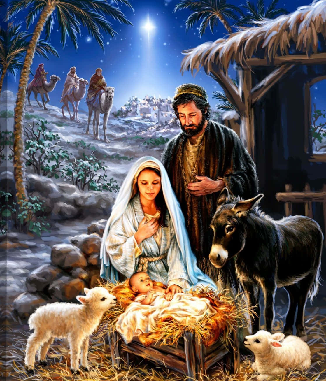 Nativity 桌布 壁紙 — 星空下寧靜的耶穌誕生場景，有馬利亞、約瑟、嬰孩耶穌、羊、驢，以及遠方騎駱駝的智者。
