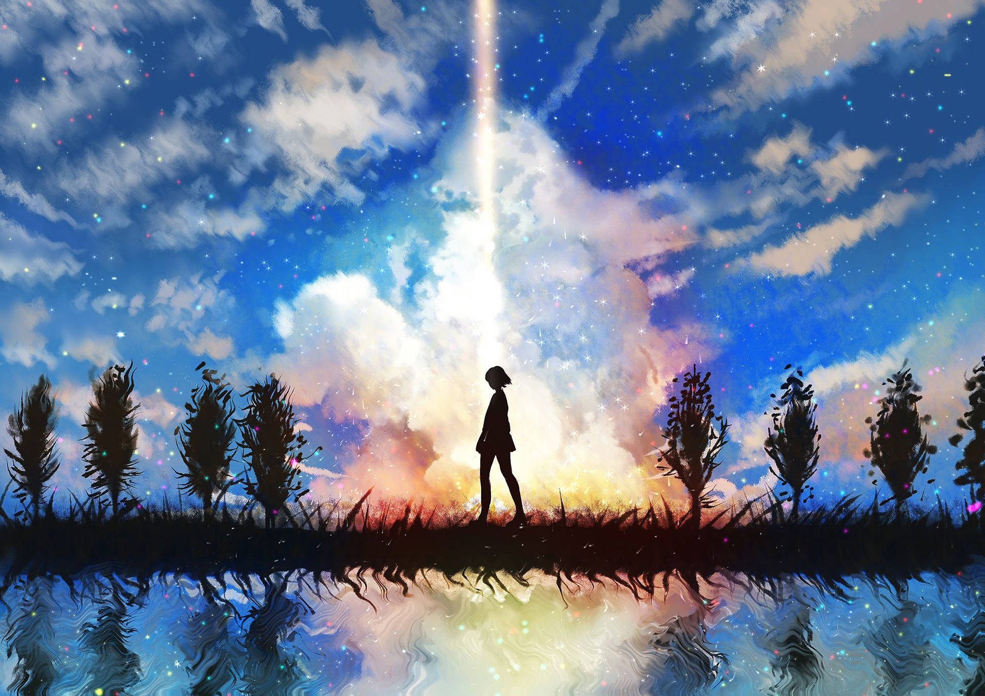 一個人的剪影站在星空下的田野中，有發光的光束和水面倒影。