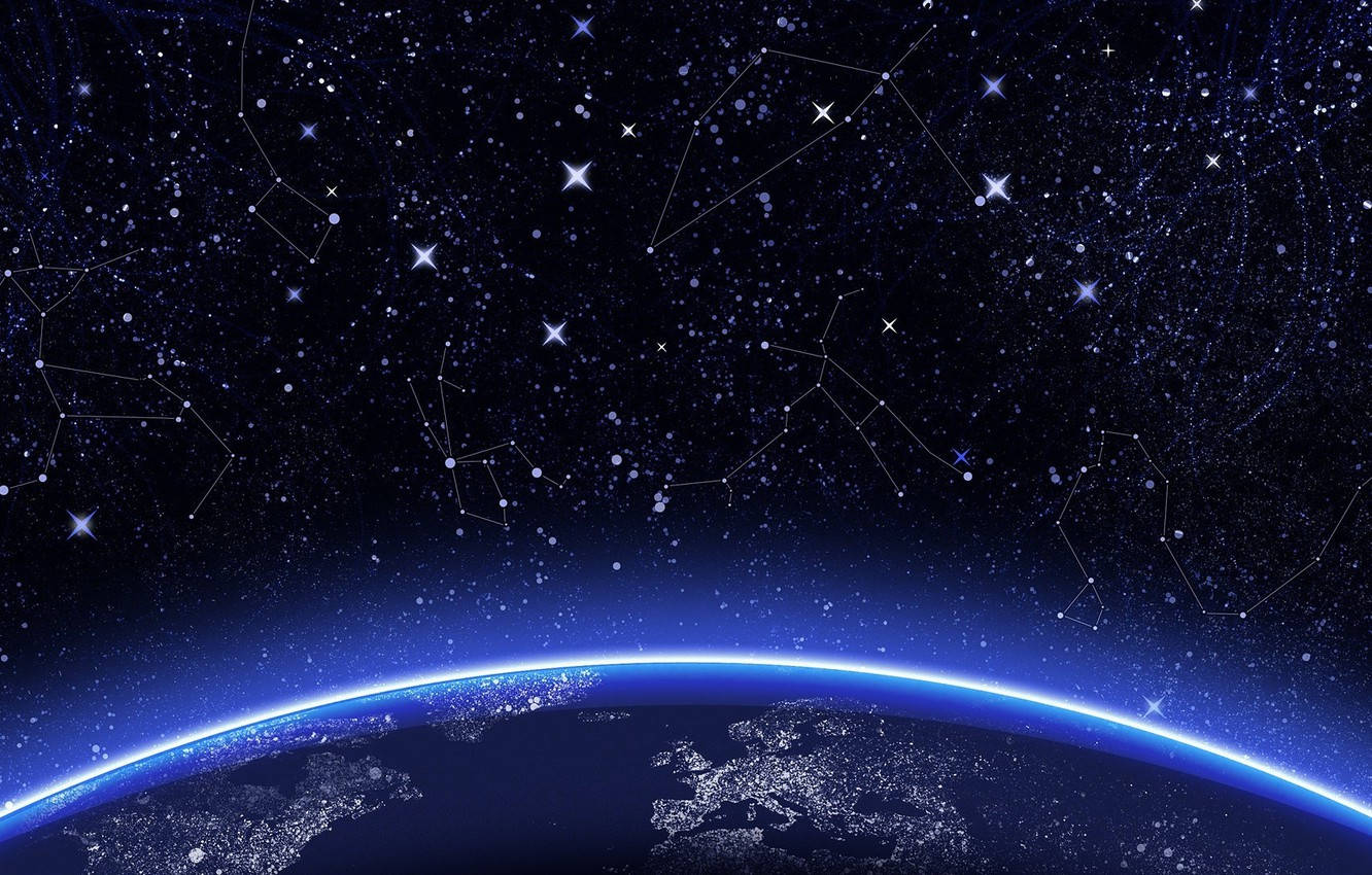 在星空下閃耀的地球地平線，可見星座。