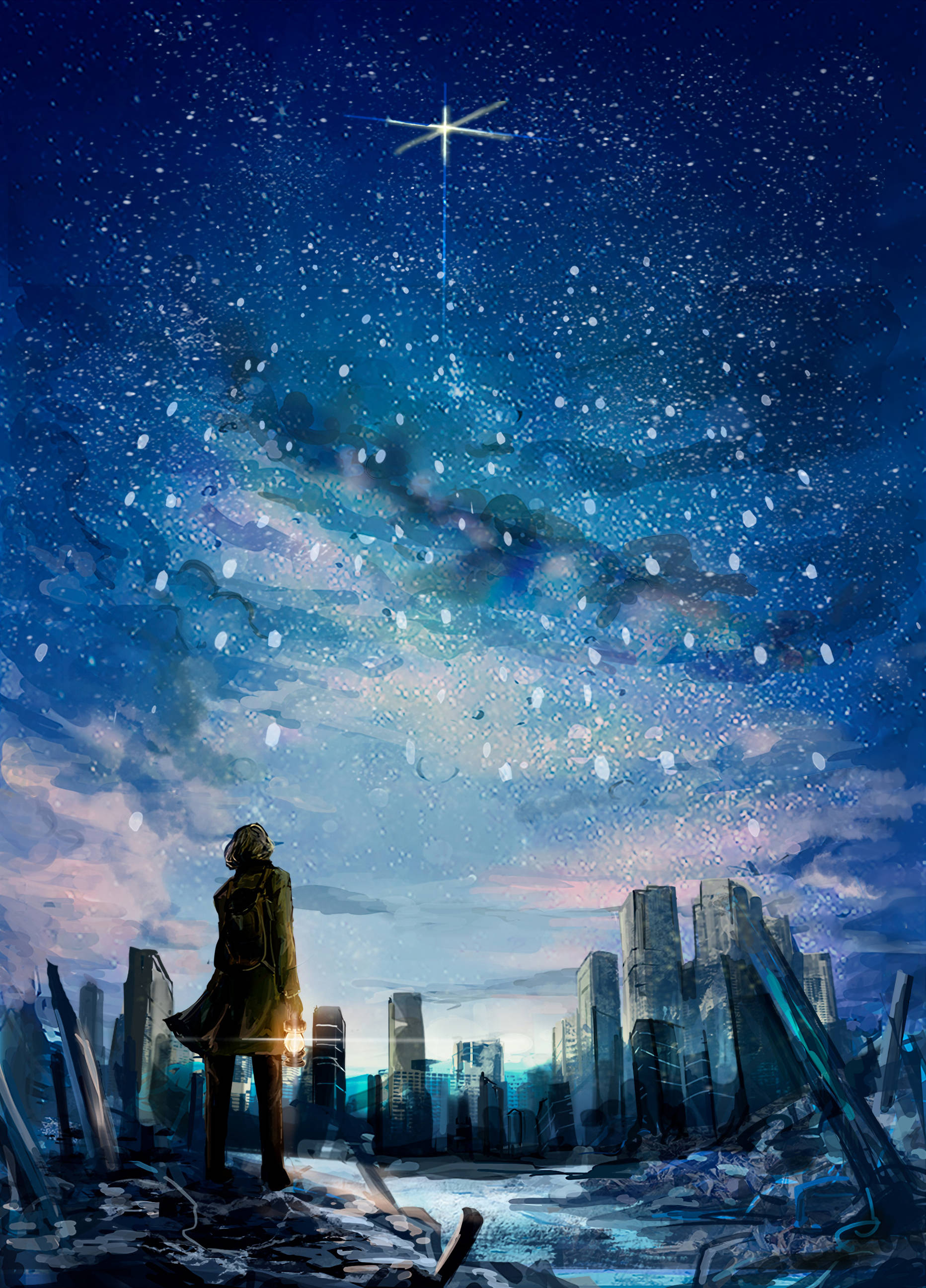 星空下的城市藝術 壁紙 — 一個孤獨的身影站在廢墟中，凝視著未來城市景觀上方的星空。