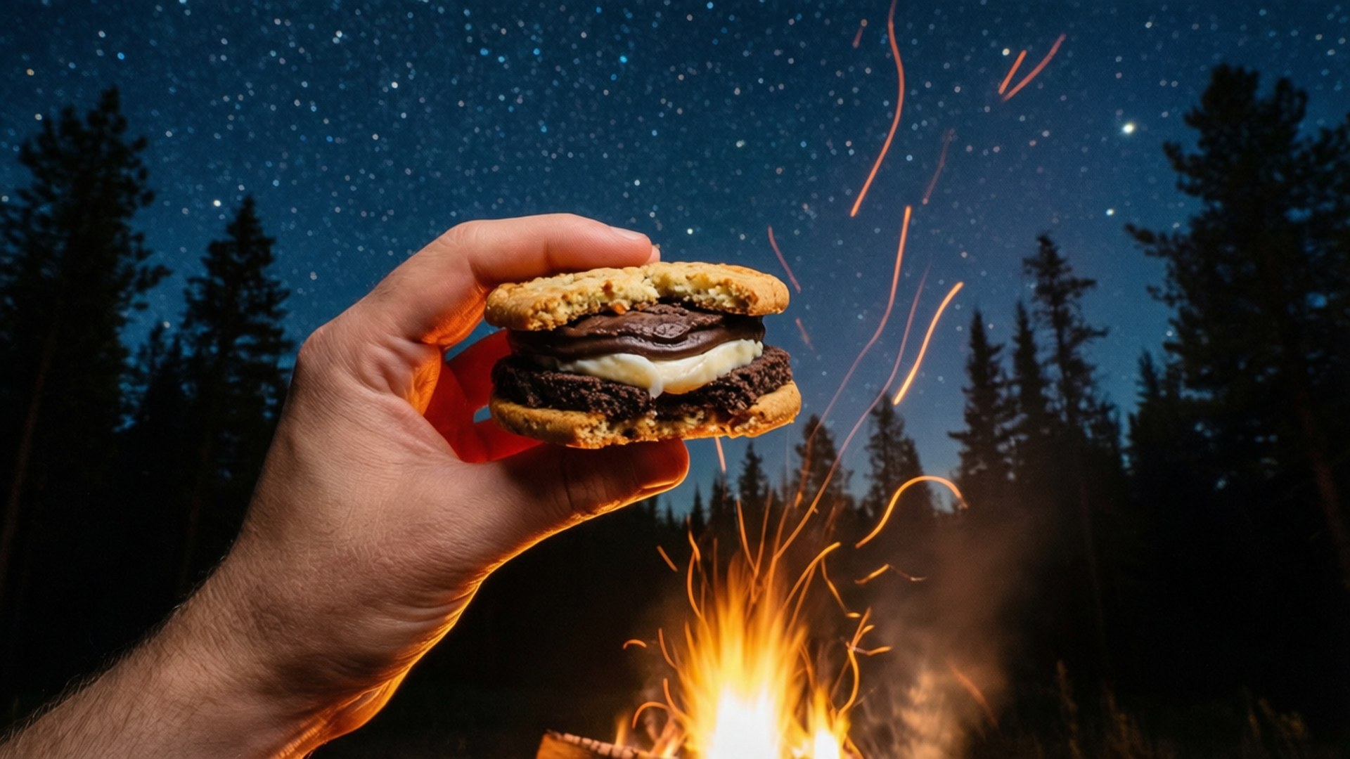 手喺星空下嘅營火旁邊拎住一個s'more。