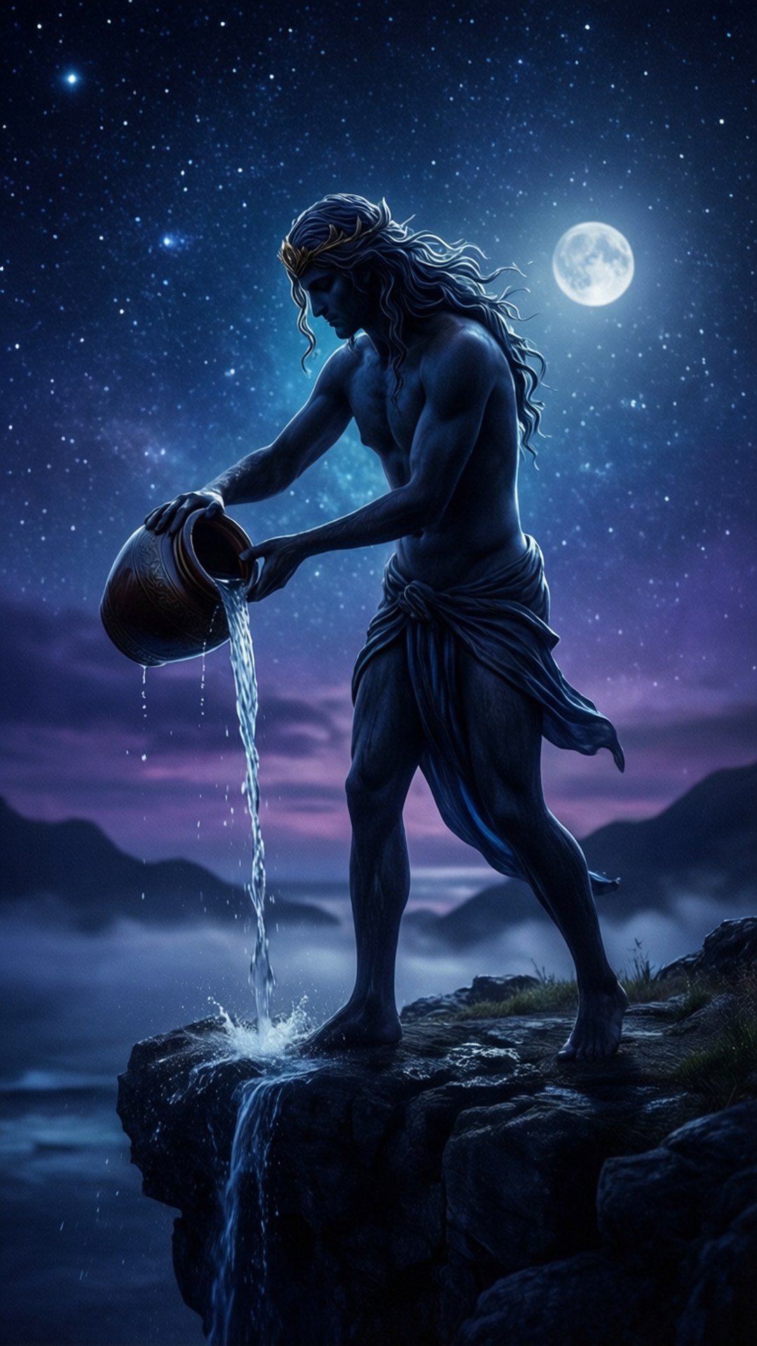 星空下的水瓶座剪影 壁紙 — 一個神話人物在滿月星空下，從一個陶壺中倒水到懸崖邊。