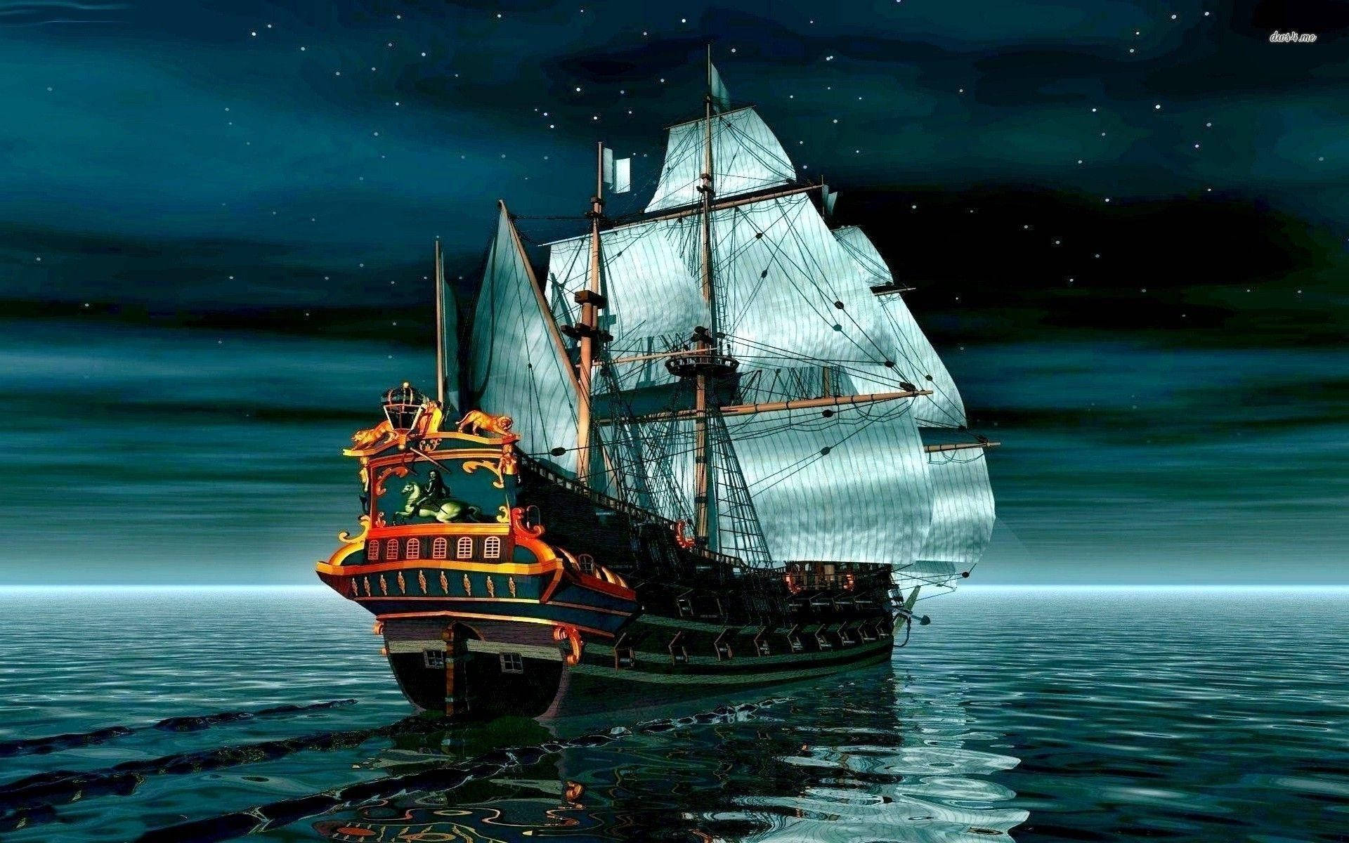 星空下的海盜船 壁紙 — 一艘雄偉的海盜船在繁星點點的夜空下航行，發光的船帆倒映在平靜的藍綠色海面上。