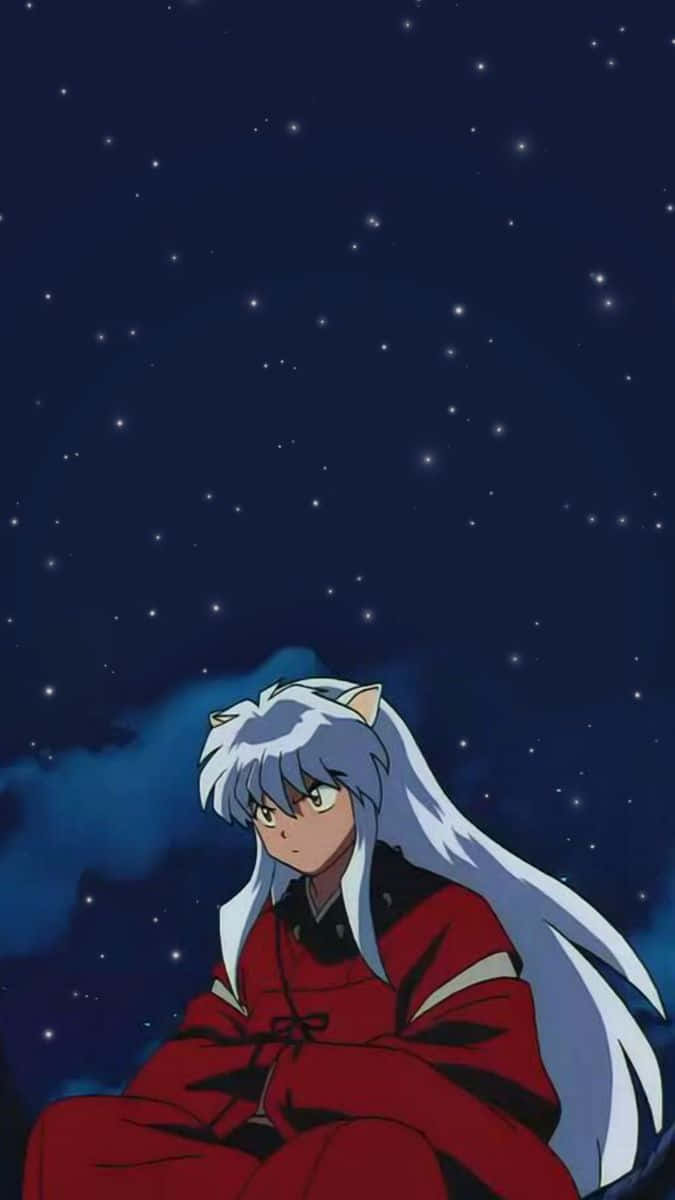 銀髮和紅色和服的動漫角色，在星空下。