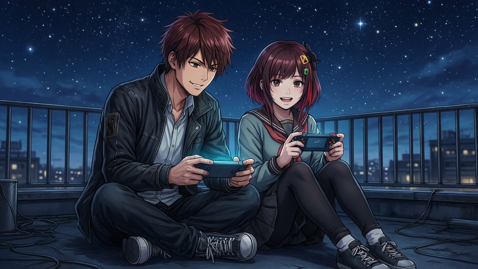 兩個動漫青少年在夜晚的屋頂上星空下玩掌上遊戲。
