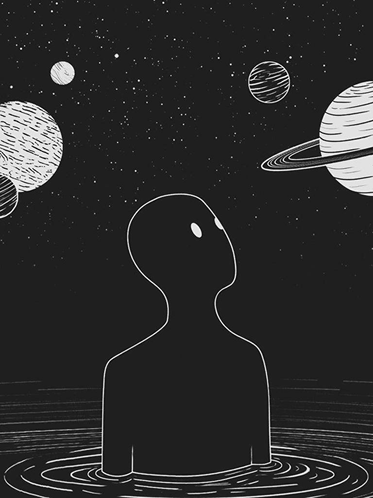 一個人在水中仰望行星和星星的極簡黑白插圖。