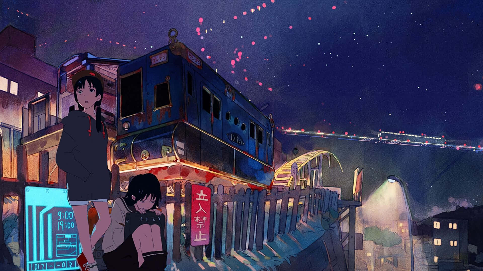 兩個動漫女孩在星空夜晚下靠近藍色火車，有飄浮的粉紅色燈光。