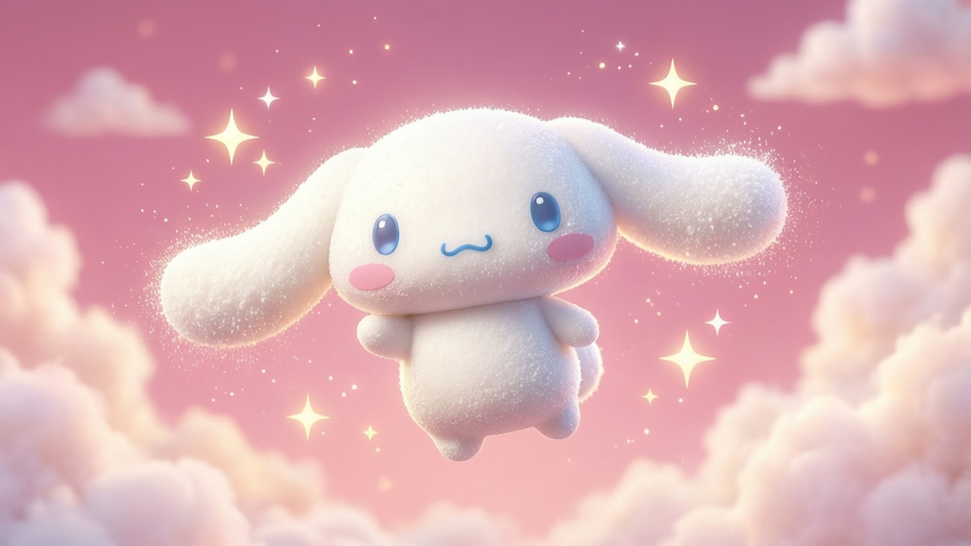 星空中的可吉姆雲 壁紙 — 一隻藍眼睛的 fluffy 白色兔子在夢幻粉彩天空中的粉紅雲朵和閃爍星星之間平靜地漂浮。