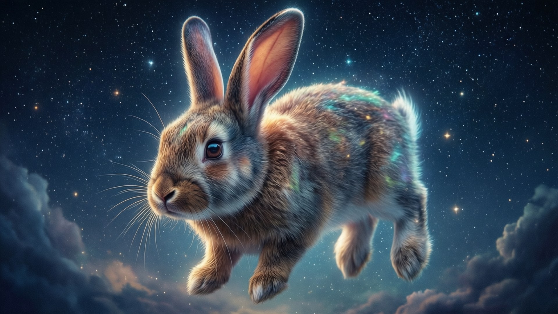 星空兔兔 壁紙 — 一隻擁有發光宇宙毛皮的雄偉兔子，在星夜中飄浮於旋轉雲層之上。