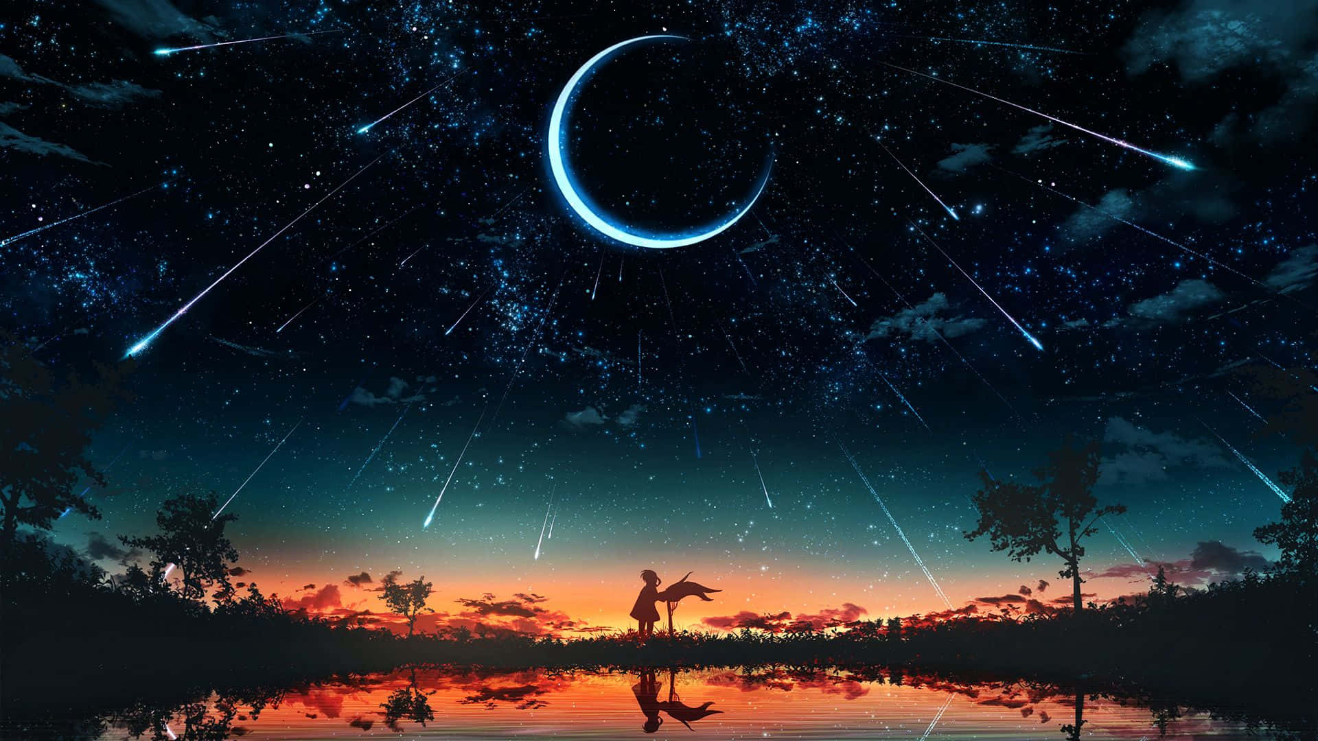 星空動漫 射手星 壁紙 — 黃昏時分，一個孤獨的身影站在寧靜的湖邊，一輪發光的彎月和流星劃過星空。