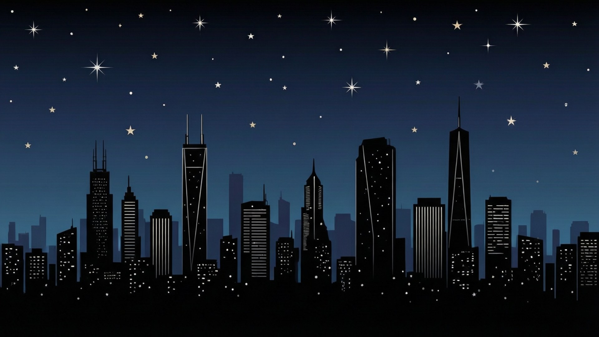 夜晚的城市天際線，上方有星星，高樓大廈有發光的窗戶。