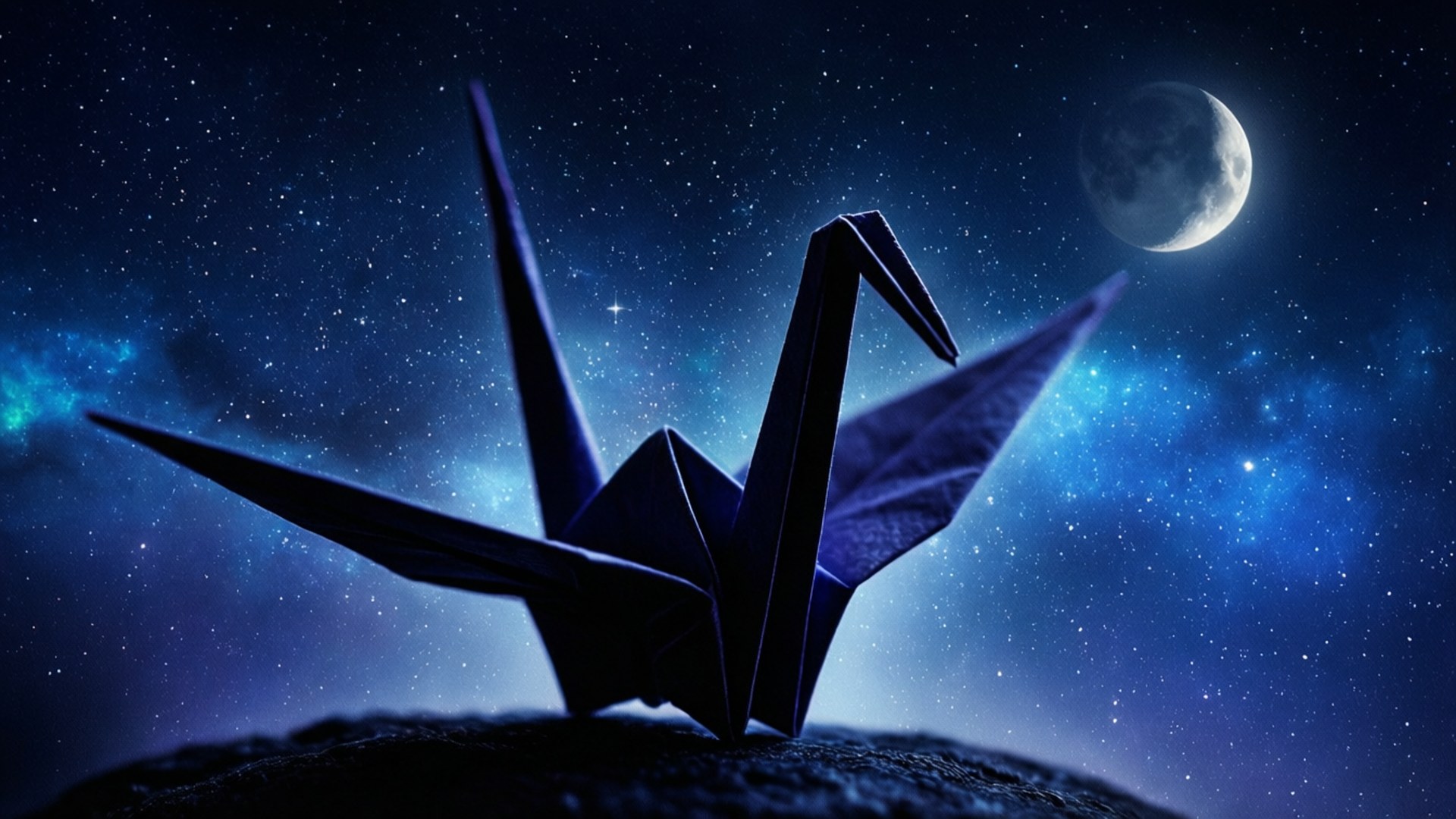 星空與彎月下的摺紙鶴