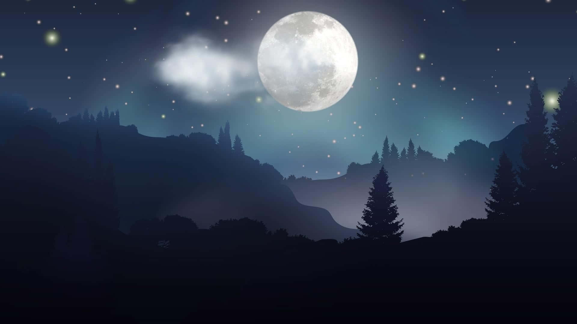 滿月在山脈上空，松樹在星空下