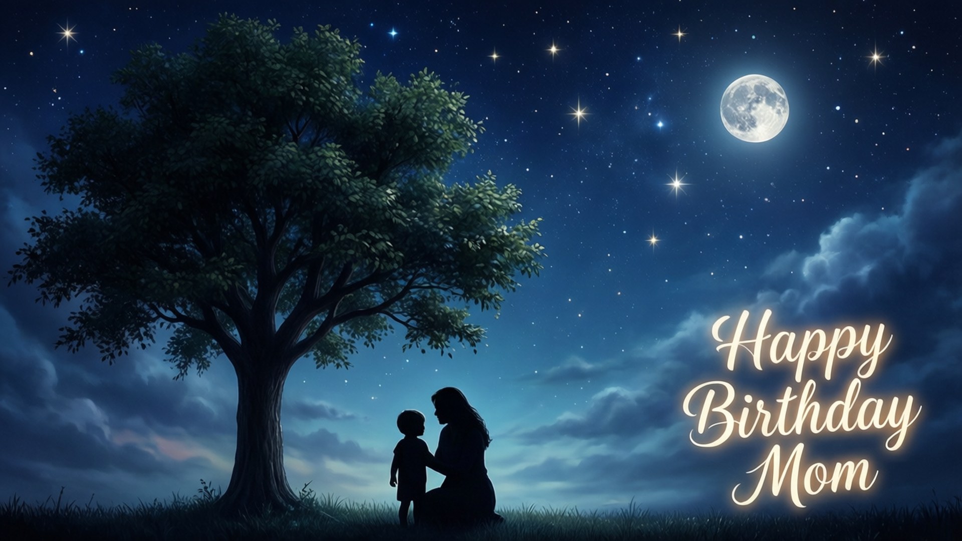 星空下母親與孩子，附有「Happy Birthday Mom」文字。