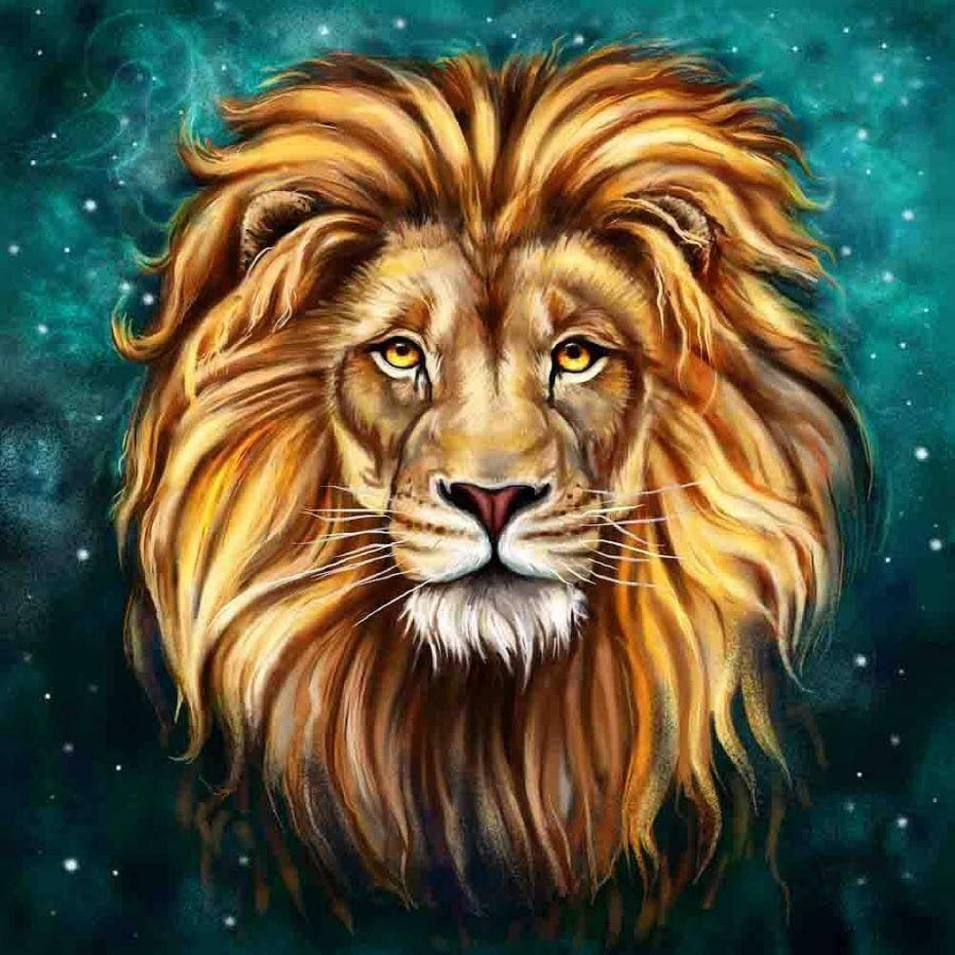 一頭擁有金色鬃毛的威嚴獅子，在繁星點點的藍綠色宇宙背景下。