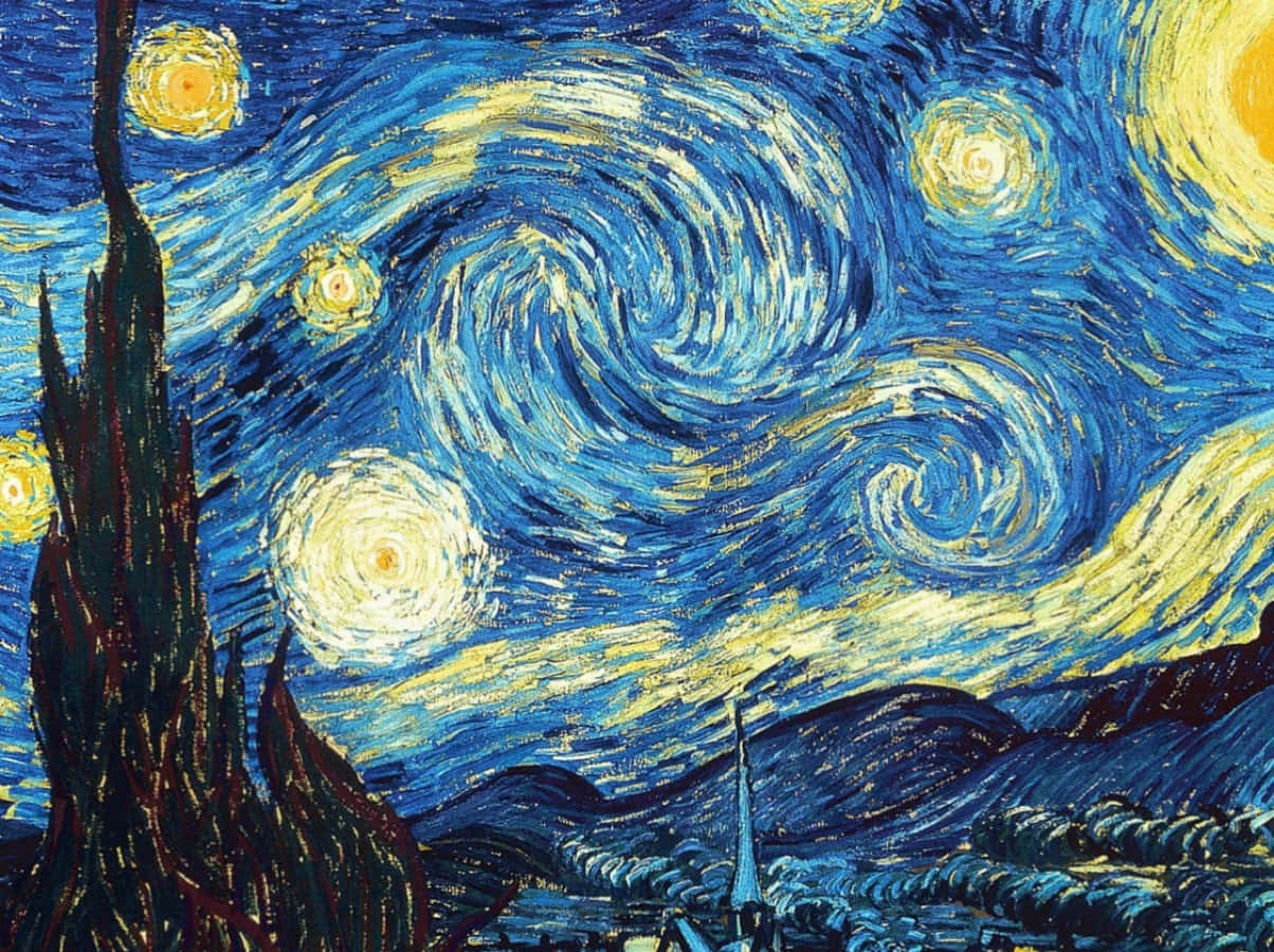 在村莊上空旋轉的夜空下，扭曲的星星和柏樹。