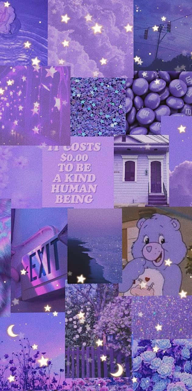 紫色夢幻拼貼畫，包含星星、閃粉、糖果、Care Bear 和帶有勵志文字的房屋。