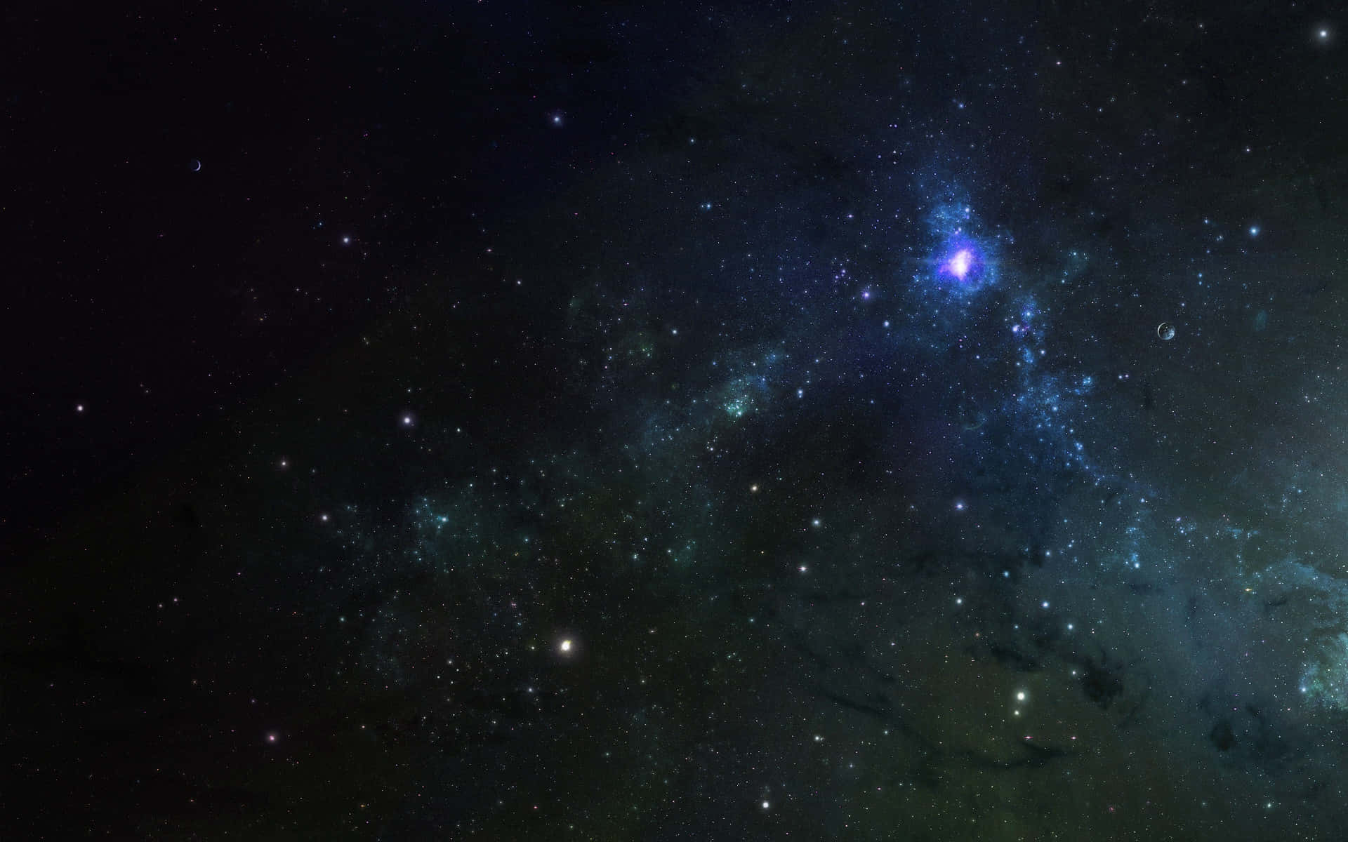 星空背景：一顆藍色恆星 壁紙 — 一個令人嘆為觀止的星空星系景觀，在深邃的宇宙黑色背景下，閃爍著藍色星雲和散落的星星。
