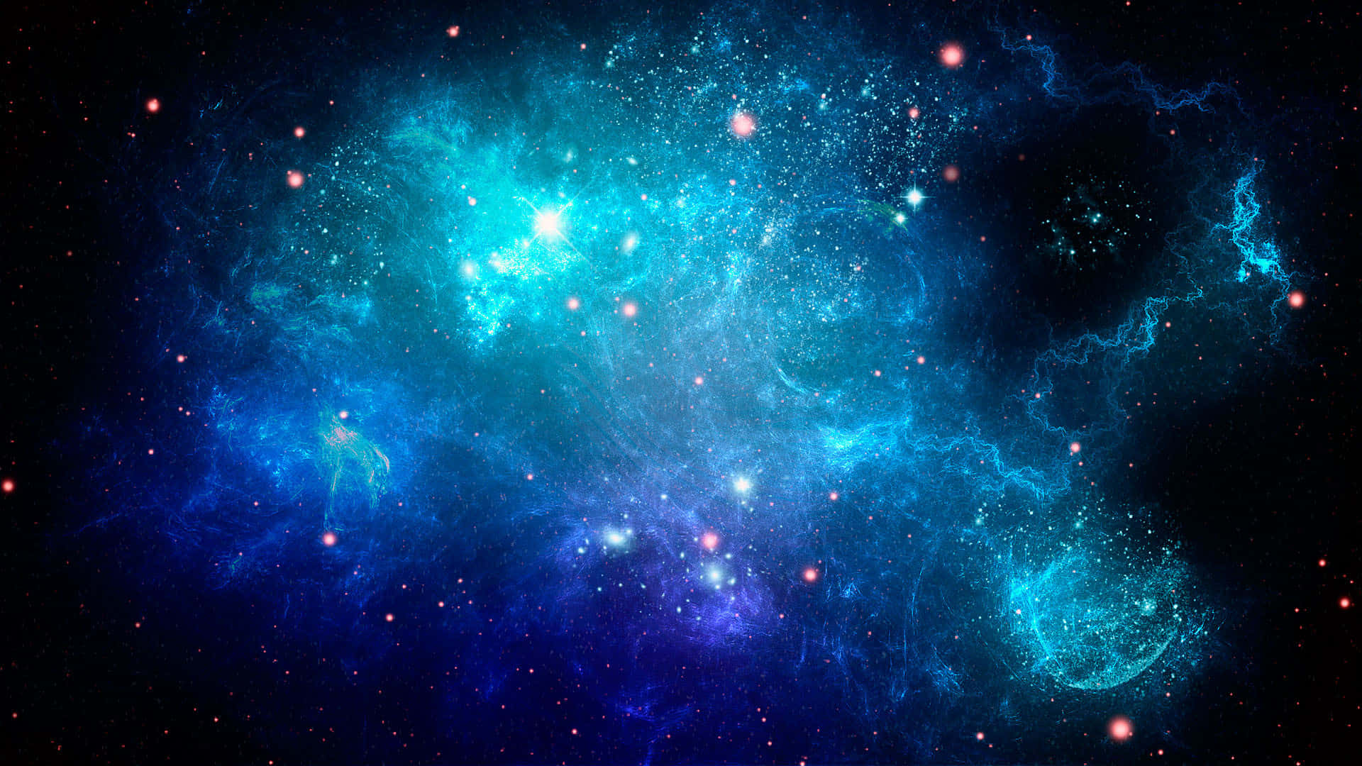 星空背景：紅色恆星與藍色宇宙塵埃 壁紙 — 充滿活力的宇宙星雲，在佈滿星星的黑色虛空中散發出電光藍和紫色調的光芒。
