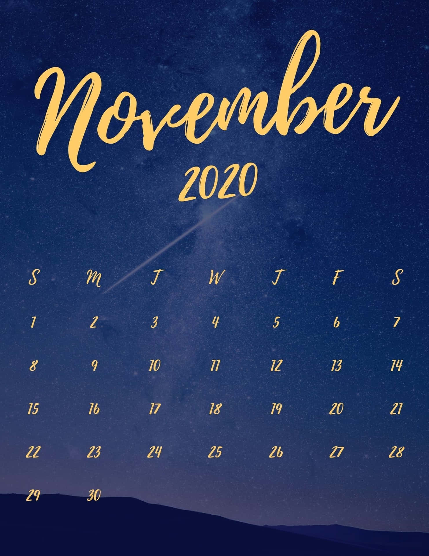 2020年11月日曆，金色文字襯托星空夜空和流星。