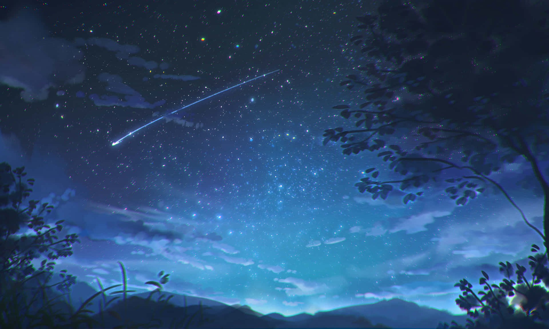 一顆發光的流星劃過星空夜空，以樹木剪影和遠山為框。